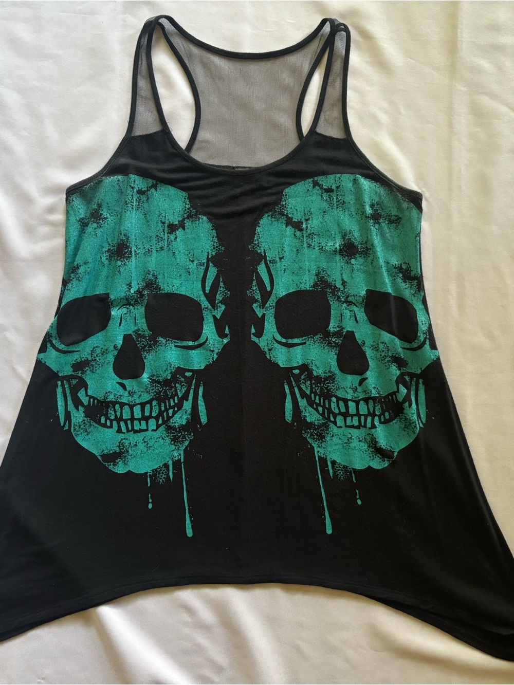 Black Racerback Tank Top with Teal Skull Print